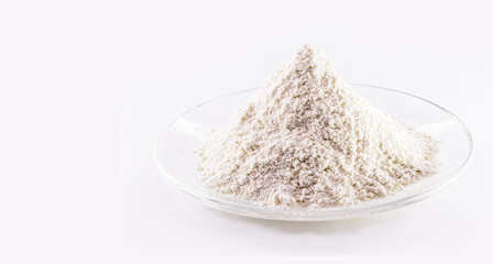Pile of calcium sulfate on white background, known as micronized alabaster or micronized plaster