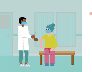 A Doctor injecting a dose of covid-19 vaccine into a person with a face mask.