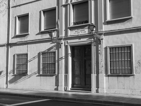 Castell&oacute;n de la Plana, Valencian Community, Spain (Costa del Azahar). Sisters of the Destitute (Hermanas de los Ancianos Desamparados) building. Monochrome photography.