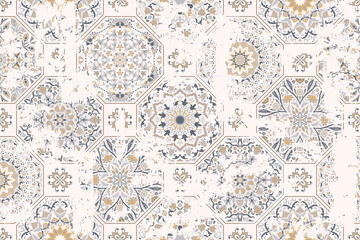 Seamless vintage pattern with an effect of attrition. Patchwork carpet. Hand drawn seamless abstract pattern from tiles. Azulejos tiles patchwork. Portuguese and Spain decor. - obrazy, fototapety, plakaty