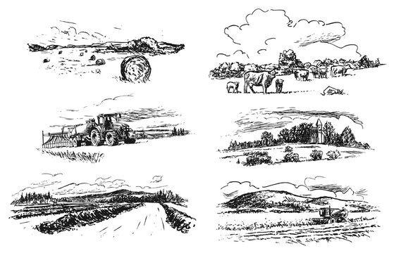 agricultural countryside landscape, set of hand-drawn illustrations