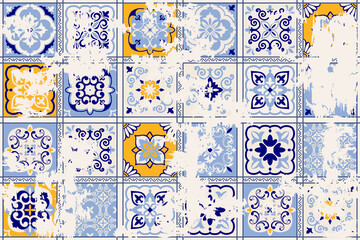 Seamless vintage pattern with an effect of attrition. Patchwork carpet. Hand drawn seamless abstract pattern from tiles. Azulejos tiles patchwork. Portuguese and Spain decor. - 412941924