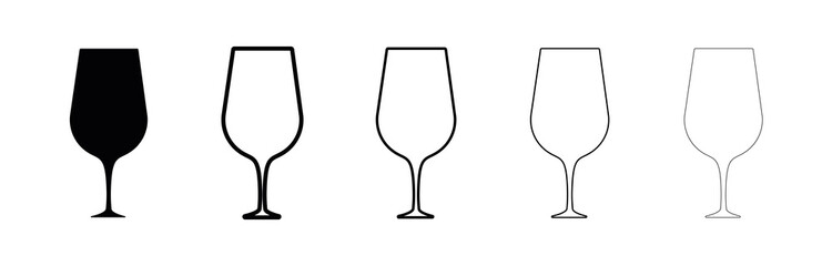 Wine glasses silhouette set. Different thickness glasses. Glass in black color isolated on white background. Silhouette drinking glass icon set. Modern line art design.