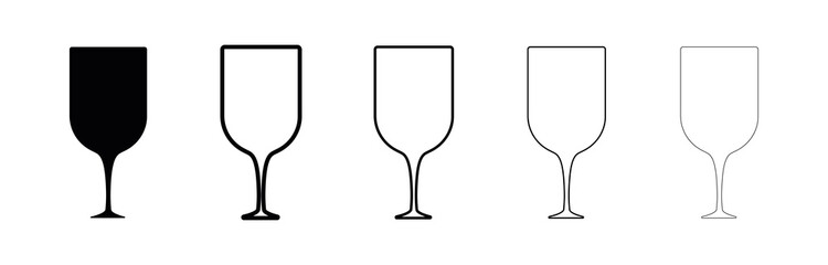 Wine glasses silhouette set. Different thickness glasses. Glass in black color isolated on white background. Silhouette drinking glass icon set. Modern line art design.