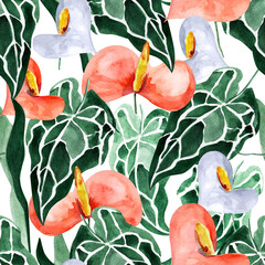 Tropical plant anthurium crystal watercolor seamless pattern. Template for decorating designs and illustrations.
