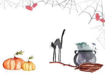 Obraz na płótnie Canvas Watercolor halloween template with broom, black cat, cobwebs, potion, pumpkins and fly agaric.