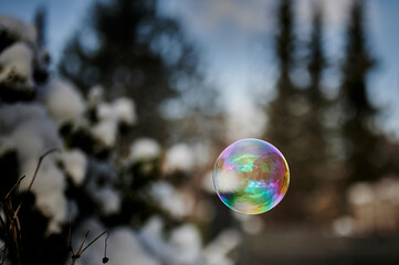 View to a colorful soap bubble with reflections in front of a winter landscape.