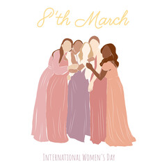 8th March, Women's Day postcard with company of young international girls in pink and purple dresses