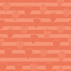 Vector Fruit Red Strawberries on Red Stripes Seamless Repeat Pattern. Background for textiles, cards, manufacturing, wallpapers, print, gift wrap and scrapbooking.