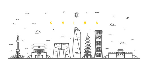Fototapeta premium China landscape. Modern flat line landscape vector. Cityscape line art illustration with building, tower, skyscrapers, temple. Vector illustration.