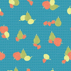 Vector Fruit Apples Pears Strawberries Lemons Ditsy Print on Blue Seamless Repeat Pattern. Background for textiles, cards, manufacturing, wallpapers, print, gift wrap and scrapbooking.
