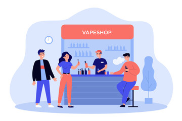 Vape shop assistant selling bottles from showcase to smokers. Vapers relaxing at bar counter, smoking electronic vaporizer cigarettes. Flat vector illustration for lifestyle, nicotine concept