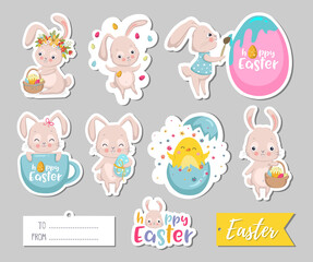Set of Easter gift tags, scrapbooking elements, labels, badges with cute bunnies and lettering . Easter greeting stickers with bunny, flowers, eggs.