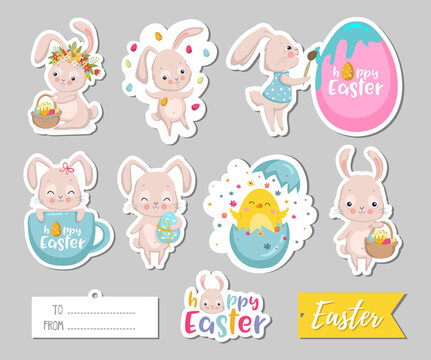 Set of Easter gift tags, scrapbooking elements, labels, badges with cute bunnies and lettering . Easter greeting stickers with bunny, flowers, eggs.