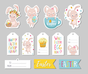 Obraz premium Set of Easter gift tags, scrapbooking elements, labels, badges with cute bunnies and lettering . Easter greeting stickers with bunny, flowers, eggs.