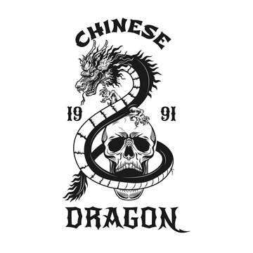 Dragon and skull tattoo design. Monochrome element with mythical beast and dead head vector illustration with text. China or Asian culture concept for symbols and labels templates