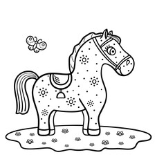 Cute horse is standing on a lawn. Illustration for coloring book.