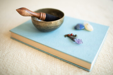 Singing bowls or Tibetan bowls and wooden mallet or stick for meditation, mindfulness, sound...