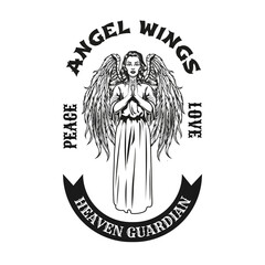 Black badge with pretty angel praying vector illustration. Vintage mythical female character with wings standing. Trust and religion concept can be used for retro template