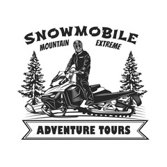 Engraving badge for adventure tours vector illustration. Monochrome label with man in helmet on snowmobile. Extreme and winter sport concept can be used for retro template