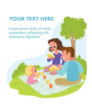 Happy family on picnic at sunny day. Vector portrait of family of 3 three members spending time relaxing on blanket parents mom dad and baby kid son daughter having meal sandwiches food weekend