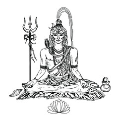 God Shiva. Shiva sits adorned with a rudraksha rosary, with a snake on his neck and a Ganges on his head. Trishula and damaru. Hand-drawn. Sketch, vector, on a white background. For design, prints.