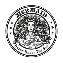 Mermaid emblem or stamp design. Monochrome element with girl in seashell bra vector illustration with text. Sea or sailing concept for symbols and labels templates