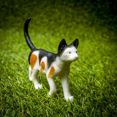 Small toy cat figurine on the grass