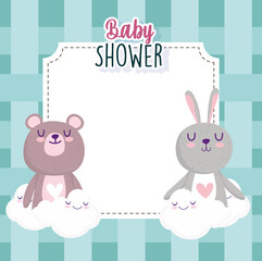 Obraz na płótnie Canvas baby shower greeting card with bunny and bear clouds decoration