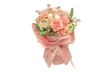 Bouquet of  soft pink flowers in pink wrapping paper.
