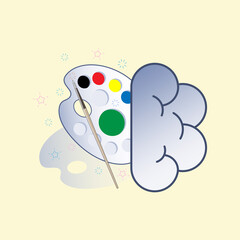 Human right brain with color plate and paintbrush on the left as a gimmick of aptitude for art. Vector illustration outline flat design style.