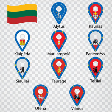 Ten flags the Counties of Lithuania -  alphabetical order with name.  Set of 2d geolocation signs like flags Counties of Lithuania.  Ten one 2d geolocation signs for your design. EPS10