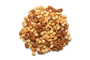 Mix of nuts isolated on white background. Top view.