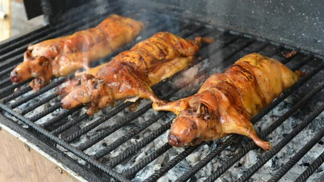 Cuyes humeantes, tradicional comida de los andes de america del sur al carb&oacute;n.