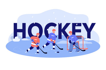 Man in helmets and uniforms playing ice hockey, players skating with sticks and puck. Vector illustration for sports team, winter activity, lifestyle, game, match, championship concept