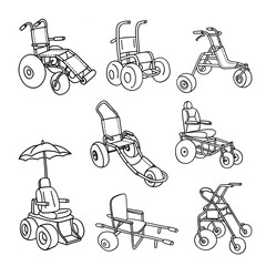 Set of illustrations of black and white wheelchairs for the beach.