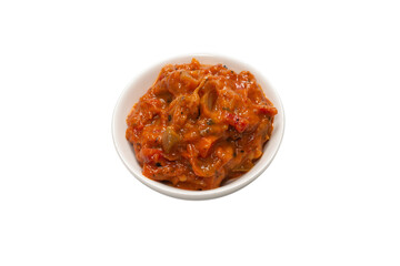 Vegetable stew in a bowl isolated on white background.