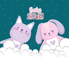 Baby shower, cute rabbit and cat cartoon animals card