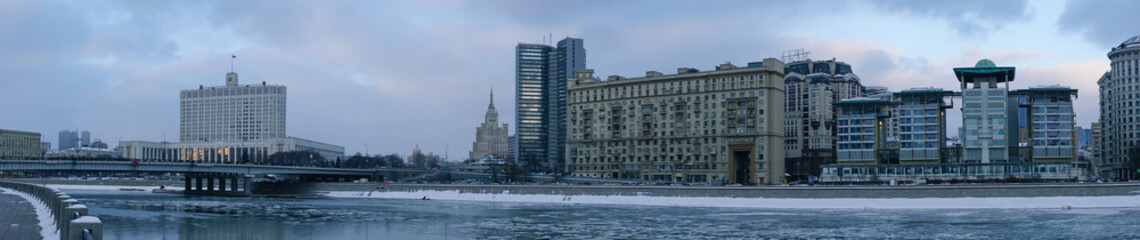 Russian Government House and Smolenskaya Embankment on a winter evening