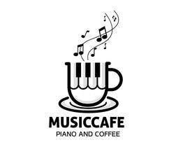 Coffee Music Cup logo design inspiration, piano and coffee vector, Technology and Digital Symbols, Food and Drink Signs, illustration for your Cafe Bar and Restaurant