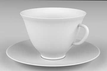 Mock up ceramic cup with tea saucer 3d rendering on gray background close-up