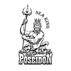 Obraz premium Poseidon tattoo template. Monochrome element with god of sea, waves, rude vector illustration with text. Sailing or Greek mythology concept for symbols and labels templates
