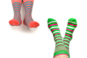 Woman in orange socks isolated on white background. Top view.
