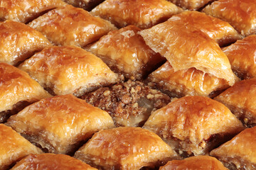 Traditional Turkish dessert Baklava. With walnuts and pistachios.