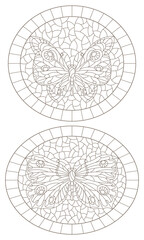 Set of contour illustrations in stained glass style with butterflies in frames, dark contours on a white background, oval illustrations