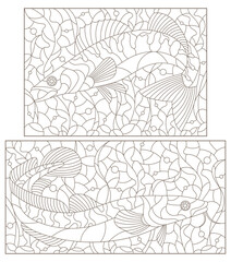 A set of contour illustrations in the stained glass style with abstract fishes on a background of algae, dark contours on a white background