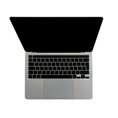 Gray metallic laptop isolated on white. Communication network. Silver metal surface. Digital modern communication. Computer technology.