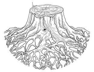 A large tree stump with intertwined roots. Linear drawing on an isolated white background.