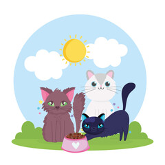 Obraz na płótnie Canvas cartoon cats animals with food in the grass