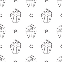 Black and white cupcakes seamless pattern. Hand drawn muffins background. Great for coloring book, wrapping, printing. Vector illustration